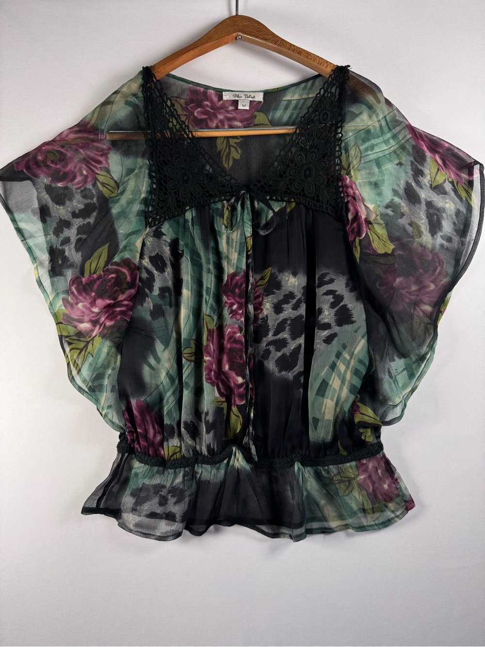 Vintage Blue Velvet Y2K 100% Silk Flowy Flutter Blouse Crotchet Lace M